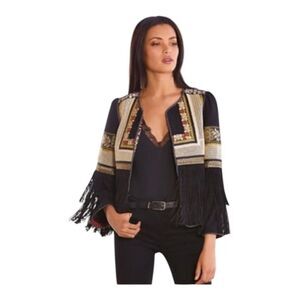Just B Embroidered Fringe Boho Western Cowgirl Open Front Jacket Size Small